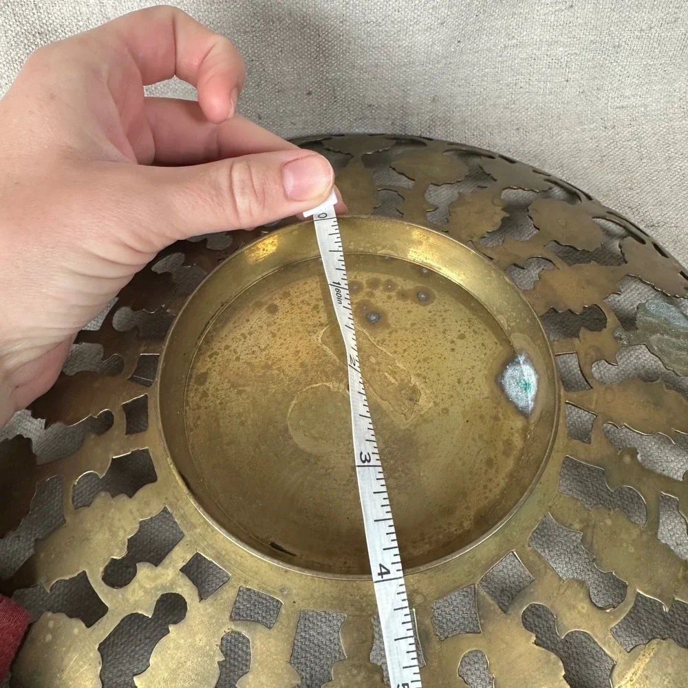 Vintage Pierced Brass Enamel Floral Mandala Bowl 11 Inch Decor Bohemian Tray